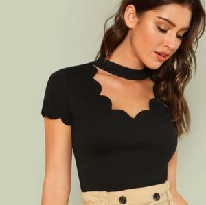 Mock Neck Scallop Trim Tee